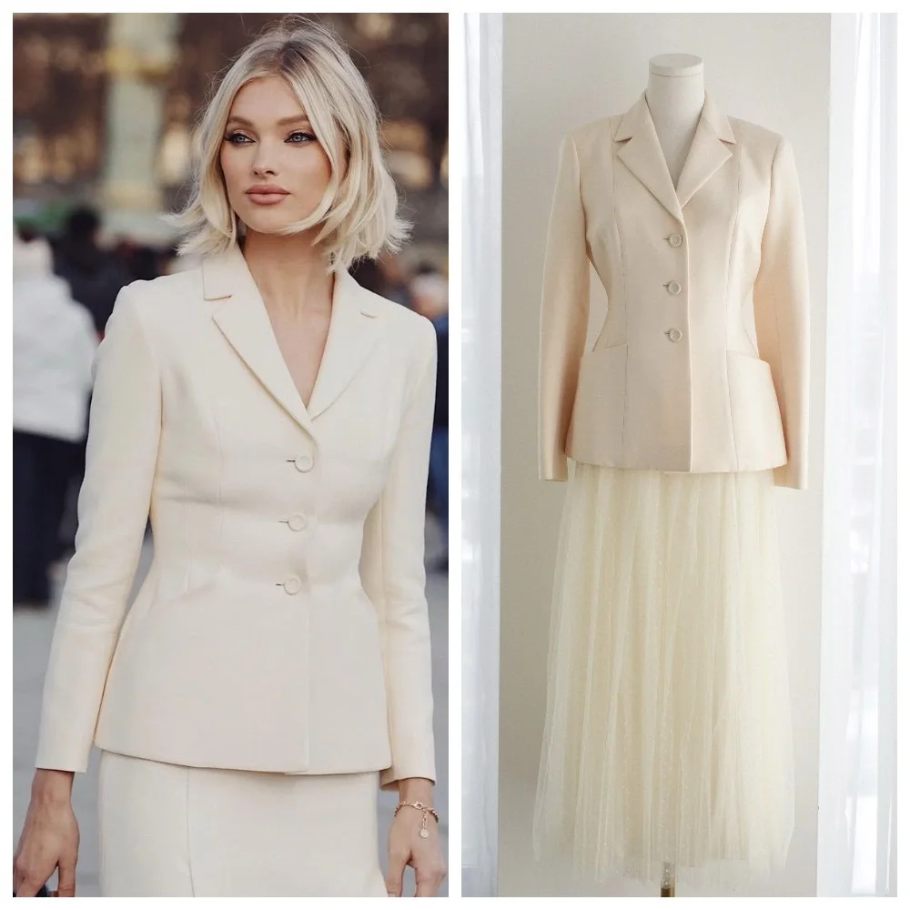 Dior 30 Montaigne Bar Jacket Off-White Ecru Plumetis Tulle Skirt Set FR38